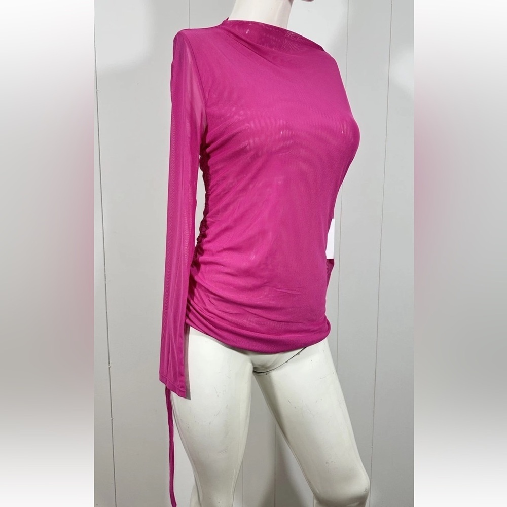NWT Blue Blossom Sz m Stretch Fuchsia Sheer Ruched Mesh Mini Top Long Sleeve - Picture 3 of 9